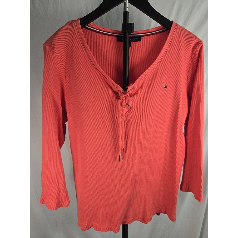 Tommy Hilfiger Global Lace Up Ribbed Henley Top Sz L Coral 3/4 Sleeve